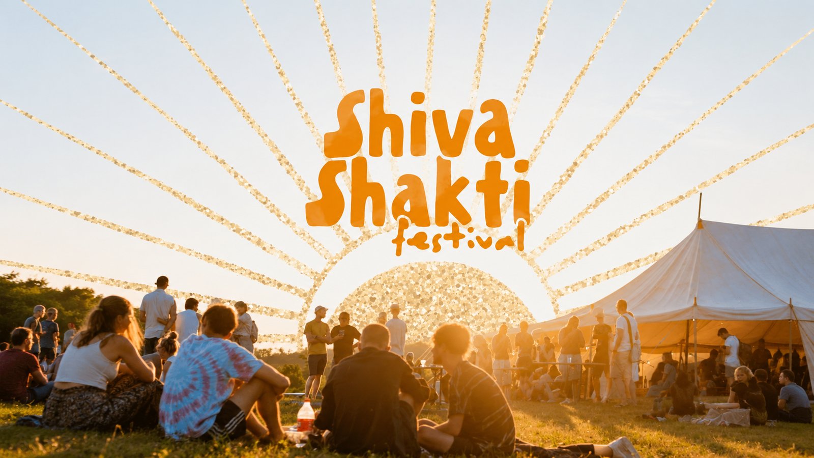 La communauté du festival au coucher du soleil